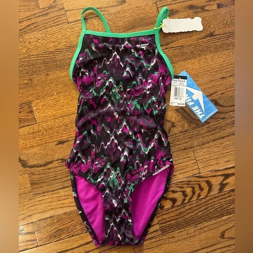 NWT New THE FINALS Athletic Racing Swimsuit Funhouse Black Purple Green White 28
